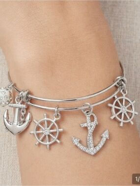 Silver Nautical Charm Bangle Bracelet with Anchor and Ship Wheel